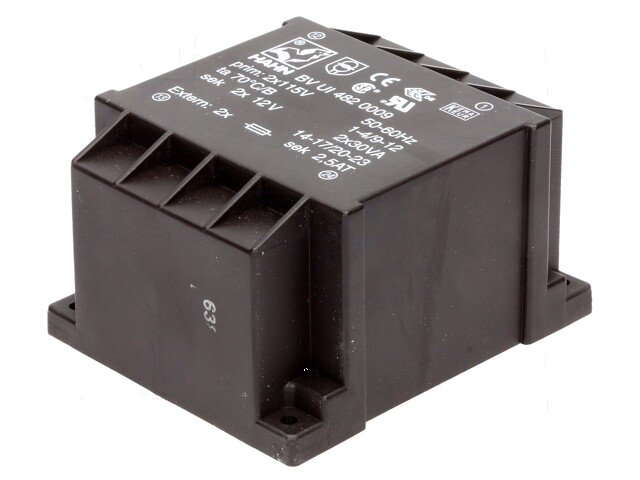Transformator: ingegoten; 60VA; 115VACx2; 12V; 12V; 2,5A; 2,5A; PCB Transformator: ingegoten; 60VA; 115VACx2; 12V; 12V; 2,5A; 2,5A; PCB